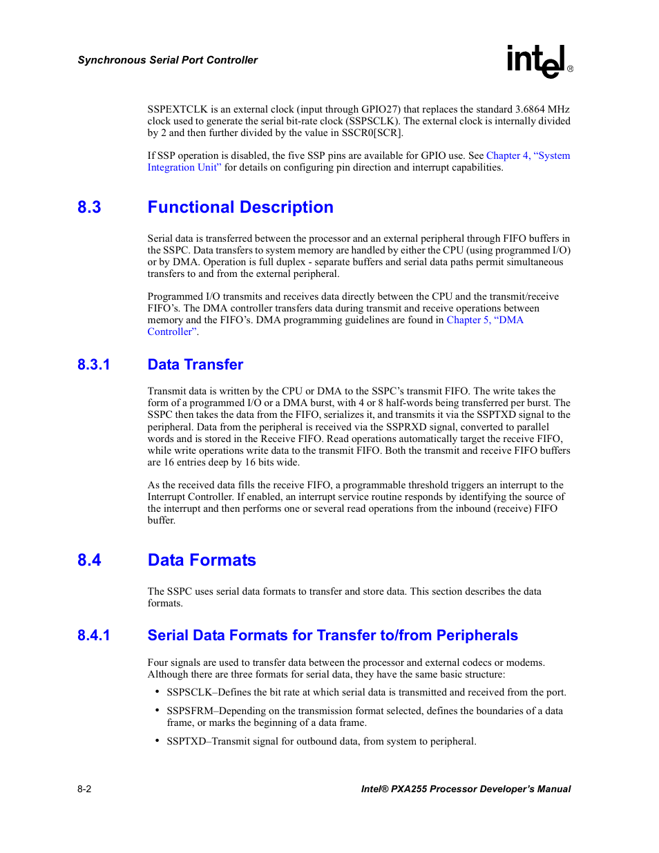 3 functional description, 1 data transfer, 4 data formats | Functional description -2 8.3.1, Data transfer -2, Data formats -2 8.4.1 | Intel PXA255 User Manual | Page 312 / 600