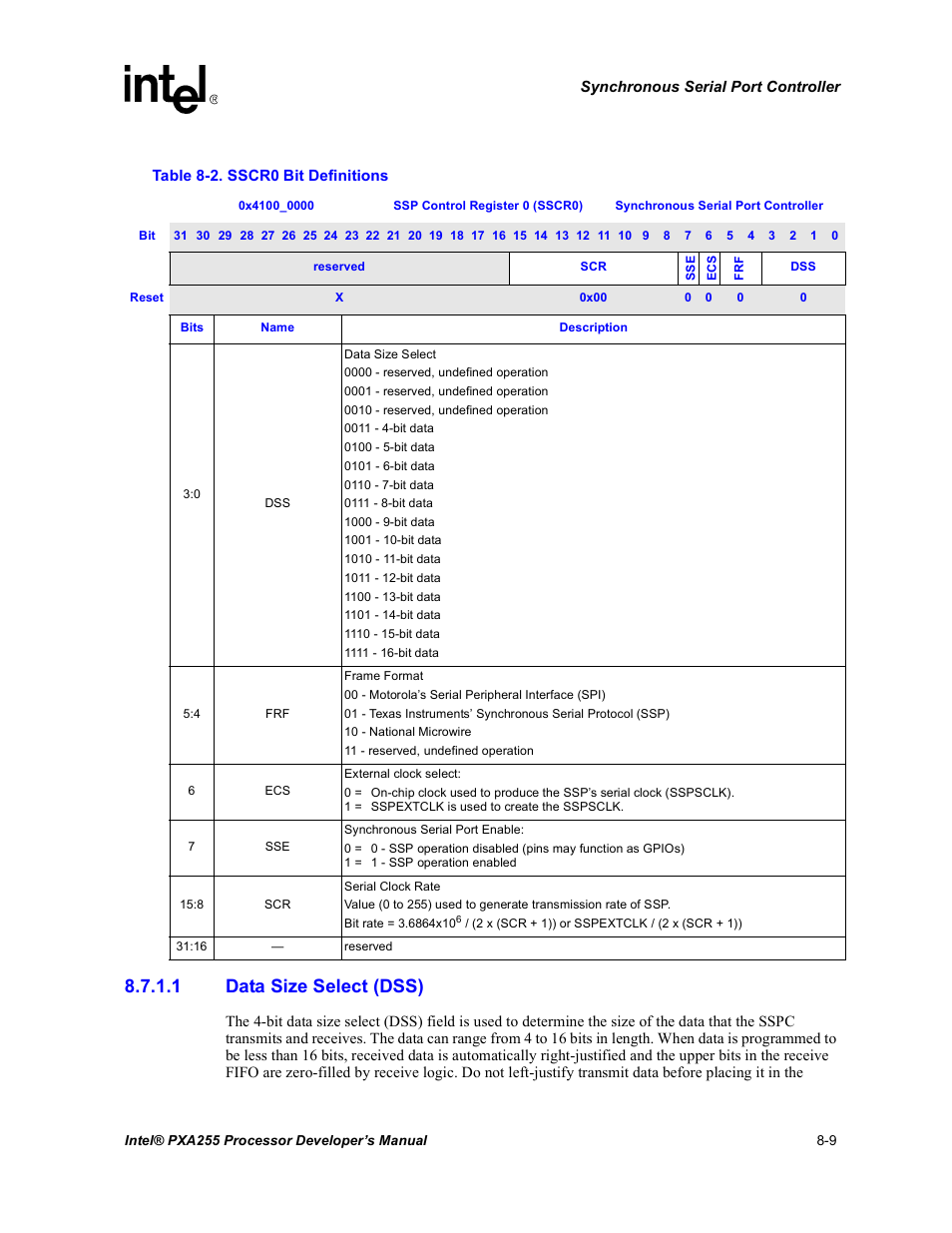 1 data size select (dss), Sscr0 bit definitions -9 | Intel PXA255 User Manual | Page 319 / 600