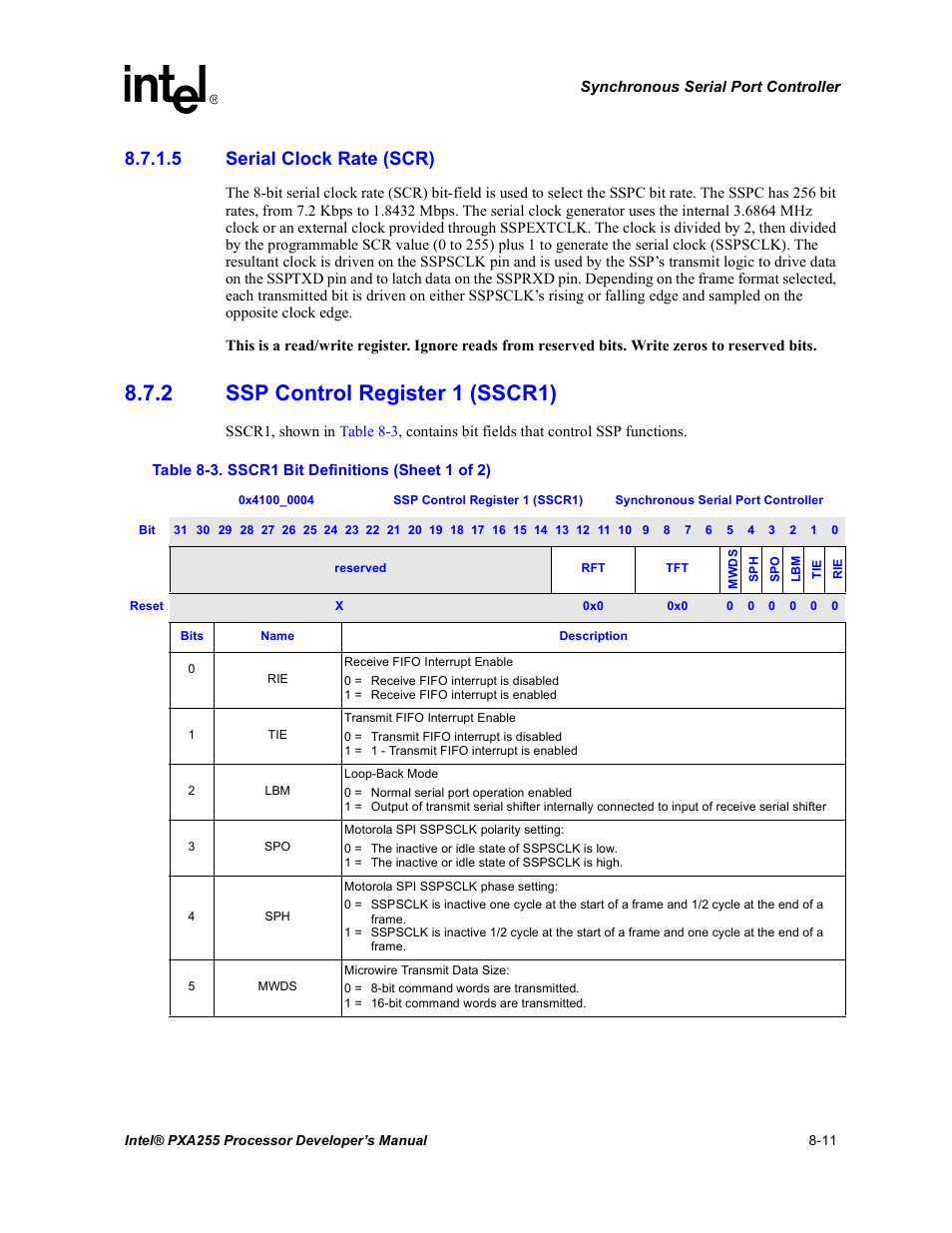 5 serial clock rate (scr), 2 ssp control register 1 (sscr1), Ssp control register 1 (sscr1) -11 | Sscr1 bit definitions -11 | Intel PXA255 User Manual | Page 321 / 600