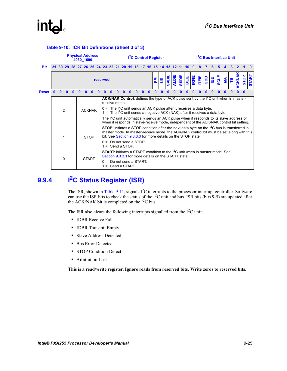 4 i2c status register (isr), I2c status register (isr) -25, Section 9.9.4 | C status register (isr) | Intel PXA255 User Manual | Page 355 / 600