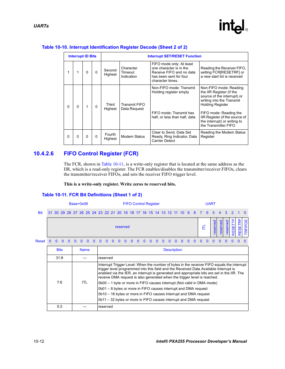 6 fifo control register (fcr), 11 fcr bit definitions -12 | Intel PXA255 User Manual | Page 370 / 600