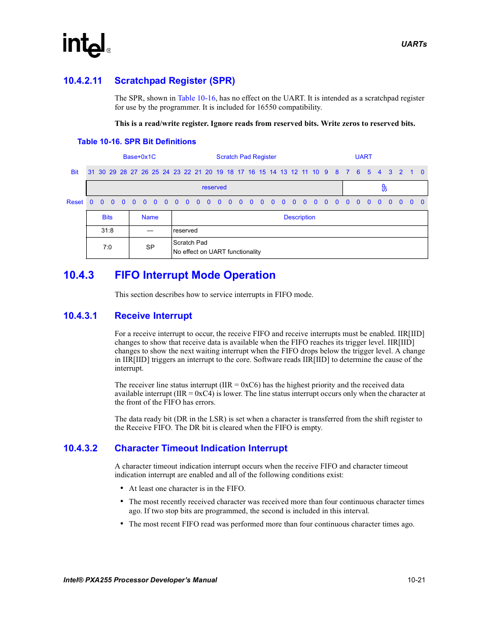 11 scratchpad register (spr), 3 fifo interrupt mode operation, 1 receive interrupt | 2 character timeout indication interrupt, 3 fifo interrupt mode operation -21, 16 spr bit definitions -21 | Intel PXA255 User Manual | Page 379 / 600