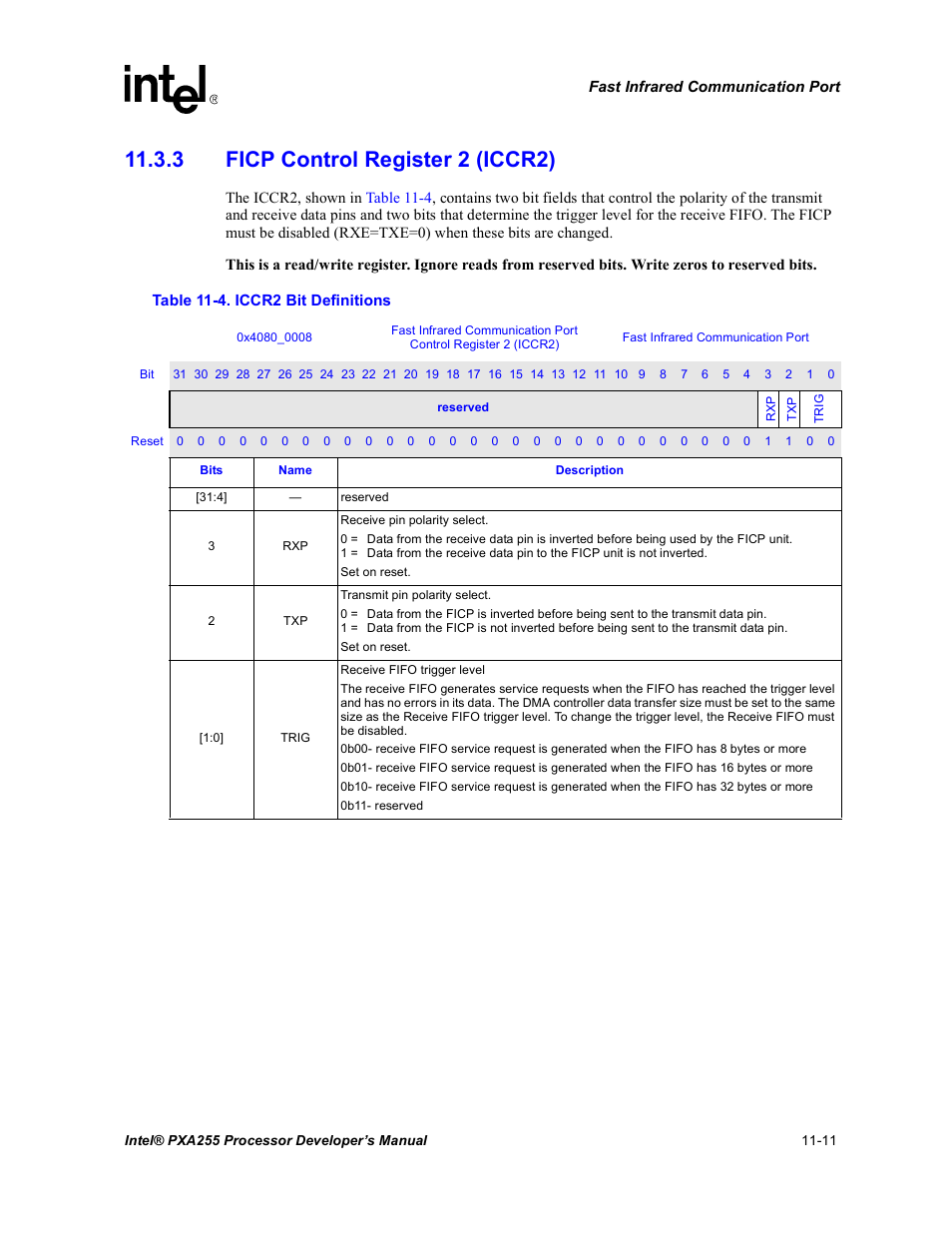 3 ficp control register 2 (iccr2), 3 ficp control register 2 (iccr2) -11, Iccr2 bit definitions -11 | Intel PXA255 User Manual | Page 397 / 600