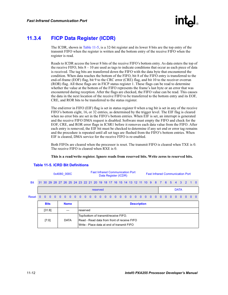4 ficp data register (icdr), 4 ficp data register (icdr) -12, Icrd bit definitions -12 | Intel PXA255 User Manual | Page 398 / 600