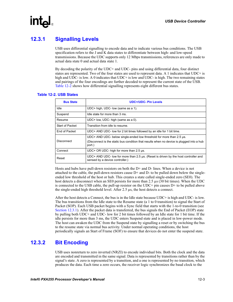 1 signalling levels, 2 bit encoding, 1 signalling levels -3 12.3.2 bit encoding -3 | Usb states -3 | Intel PXA255 User Manual | Page 405 / 600
