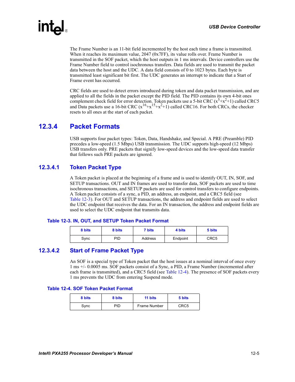 4 packet formats, 1 token packet type, 2 start of frame packet type | 4 packet formats -5, In, out, and setup token packet format -5, Sof token packet format -5 | Intel PXA255 User Manual | Page 407 / 600