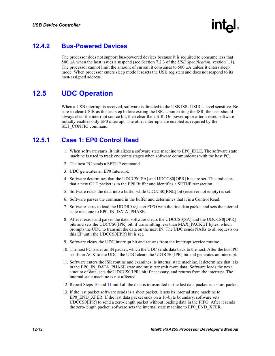 2 bus-powered devices, 5 udc operation, 1 case 1: ep0 control read | 2 bus-powered devices -12, 5 udc operation -12, 1 case 1: ep0 control read -12 | Intel PXA255 User Manual | Page 414 / 600