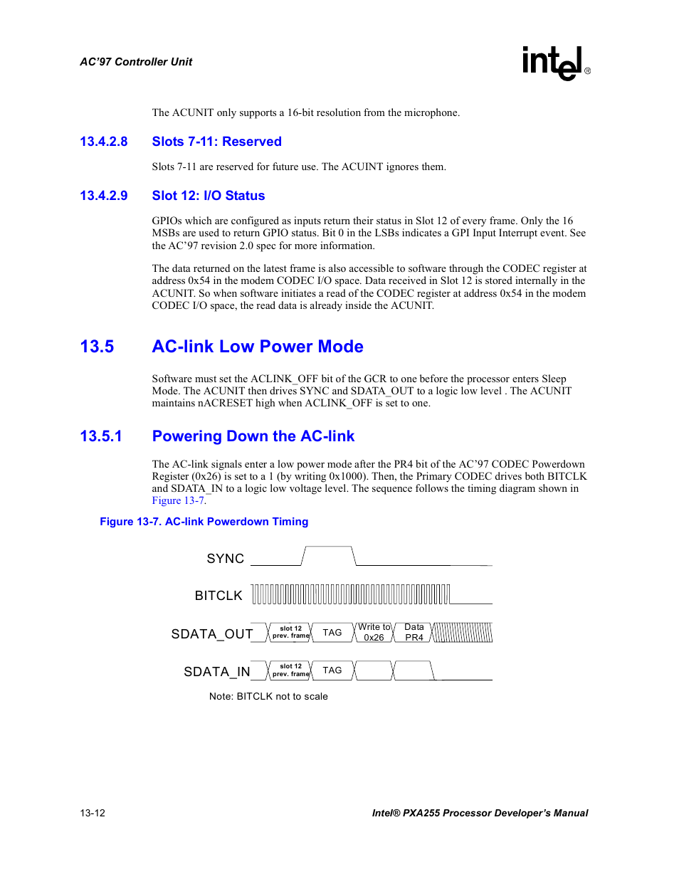 8 slots 7-11: reserved, 9 slot 12: i/o status, 5 ac-link low power mode | 1 powering down the ac-link, 5 ac, 1 powering down the ac-link -12, Ac-link powerdown timing -12 | Intel PXA255 User Manual | Page 464 / 600
