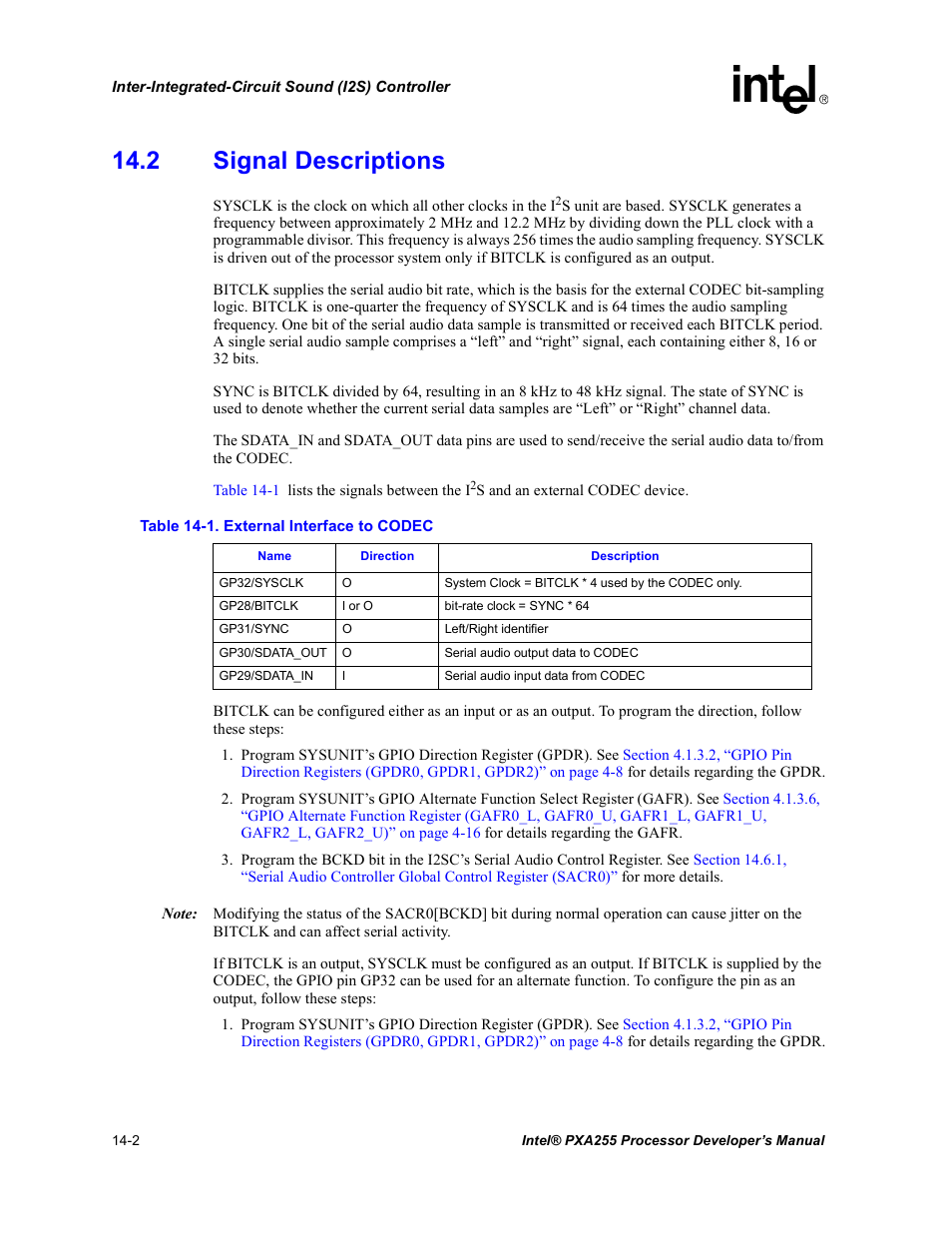 2 signal descriptions, 2 signal descriptions -2, External interface to codec -2 | Intel PXA255 User Manual | Page 490 / 600
