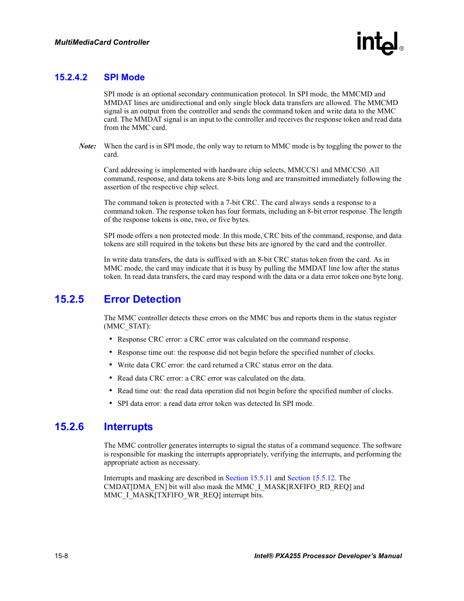 2 spi mode, 5 error detection, 6 interrupts | 5 error detection -8 15.2.6 interrupts -8 | Intel PXA255 User Manual | Page 512 / 600