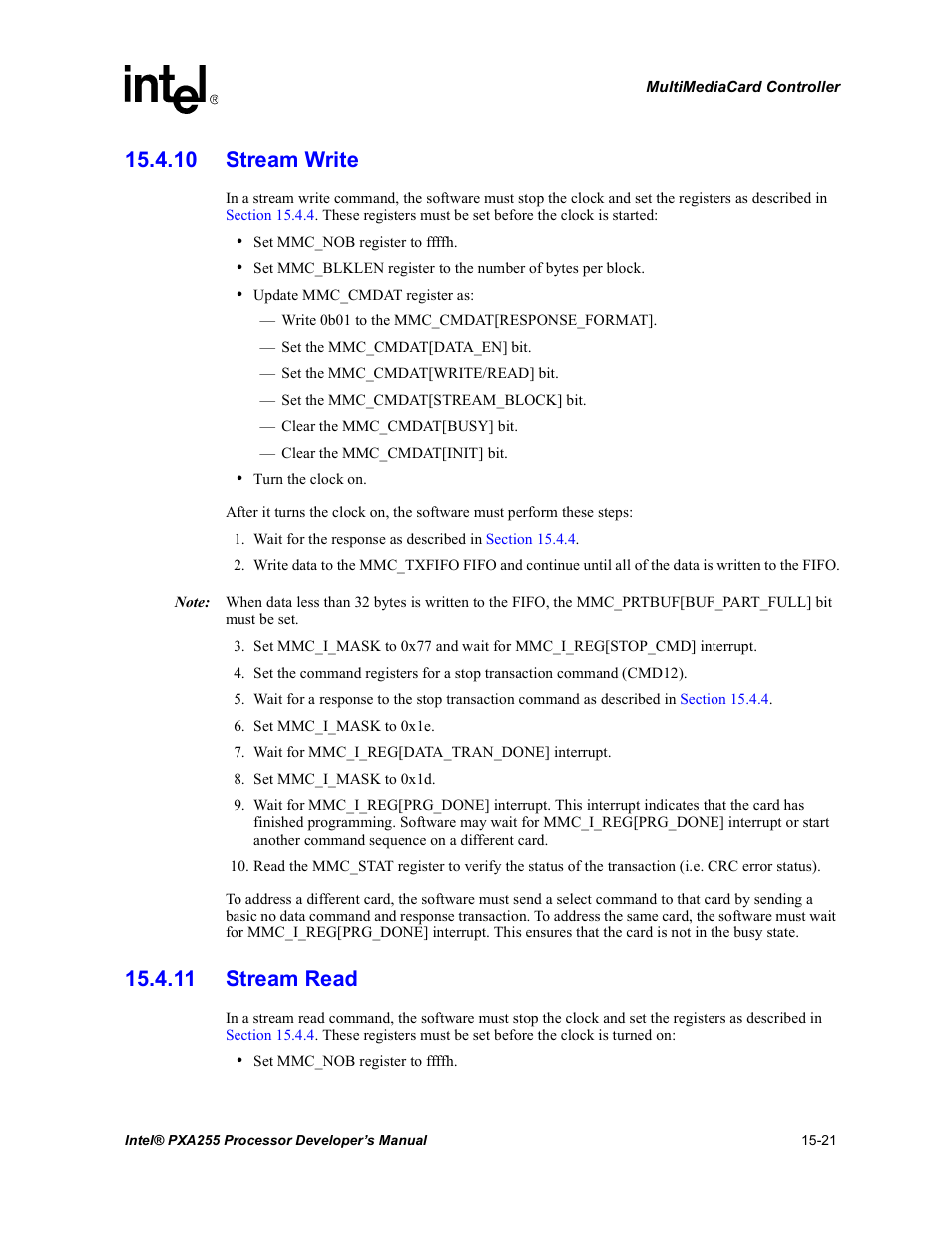 10 stream write, 11 stream read, 10 stream write -21 15.4.11 stream read -21 | Intel PXA255 User Manual | Page 525 / 600
