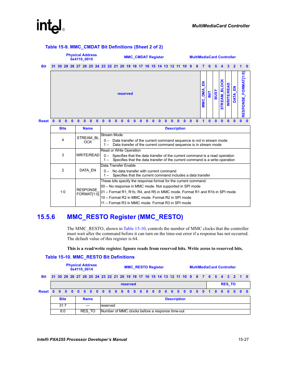 6 mmc_resto register (mmc_resto), 6 mmc_resto register (mmc_resto) -27, 10 mmc_resto bit definitions -27 | Intel PXA255 User Manual | Page 531 / 600