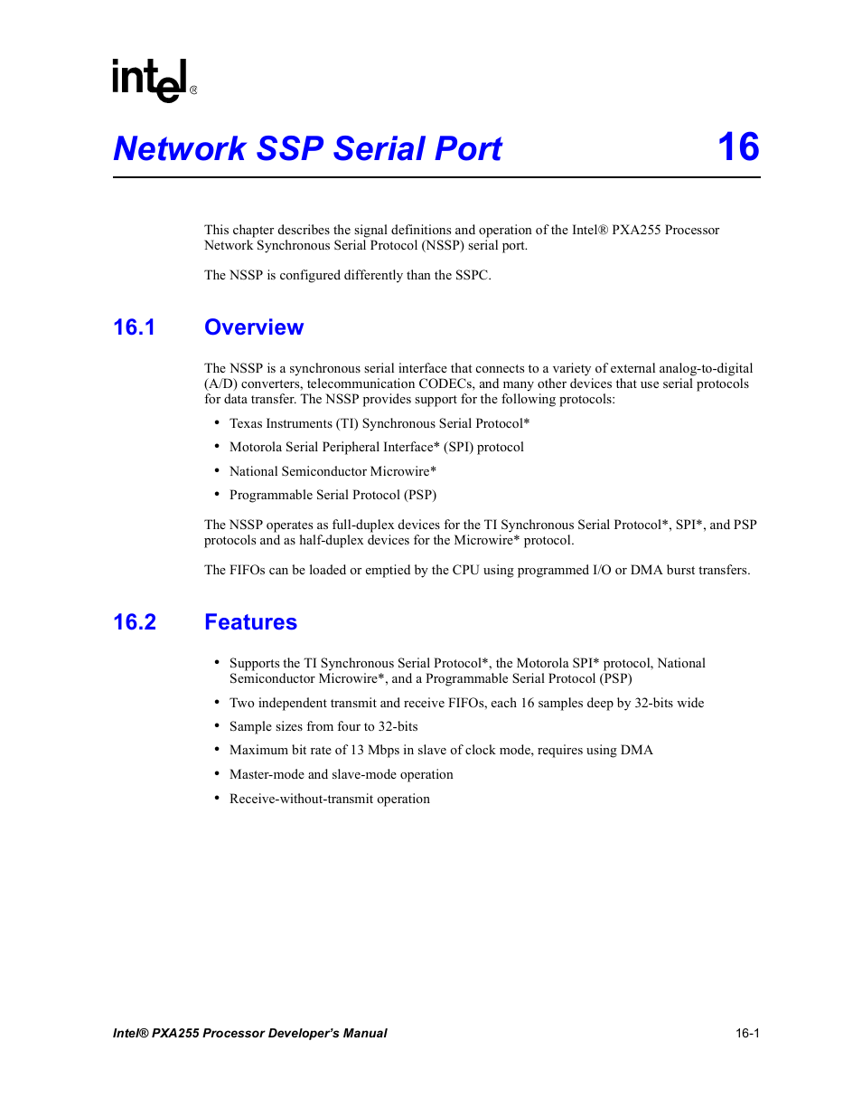 Network ssp serial port 16, 1 overview, 2 features | Network ssp serial port | Intel PXA255 User Manual | Page 543 / 600