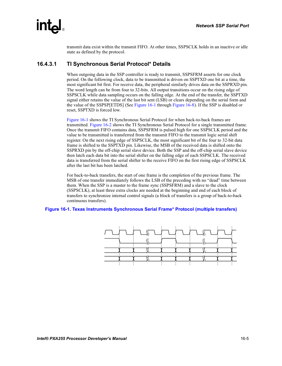 1 ti synchronous serial protocol* details, Table 16-1 | Intel PXA255 User Manual | Page 547 / 600