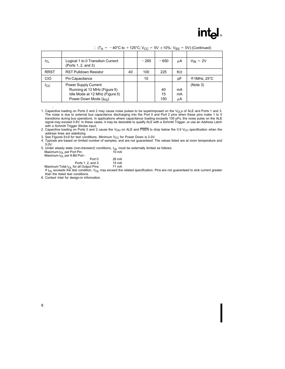 Dc characteristics | Intel 83C51FA User Manual | Page 8 / 13