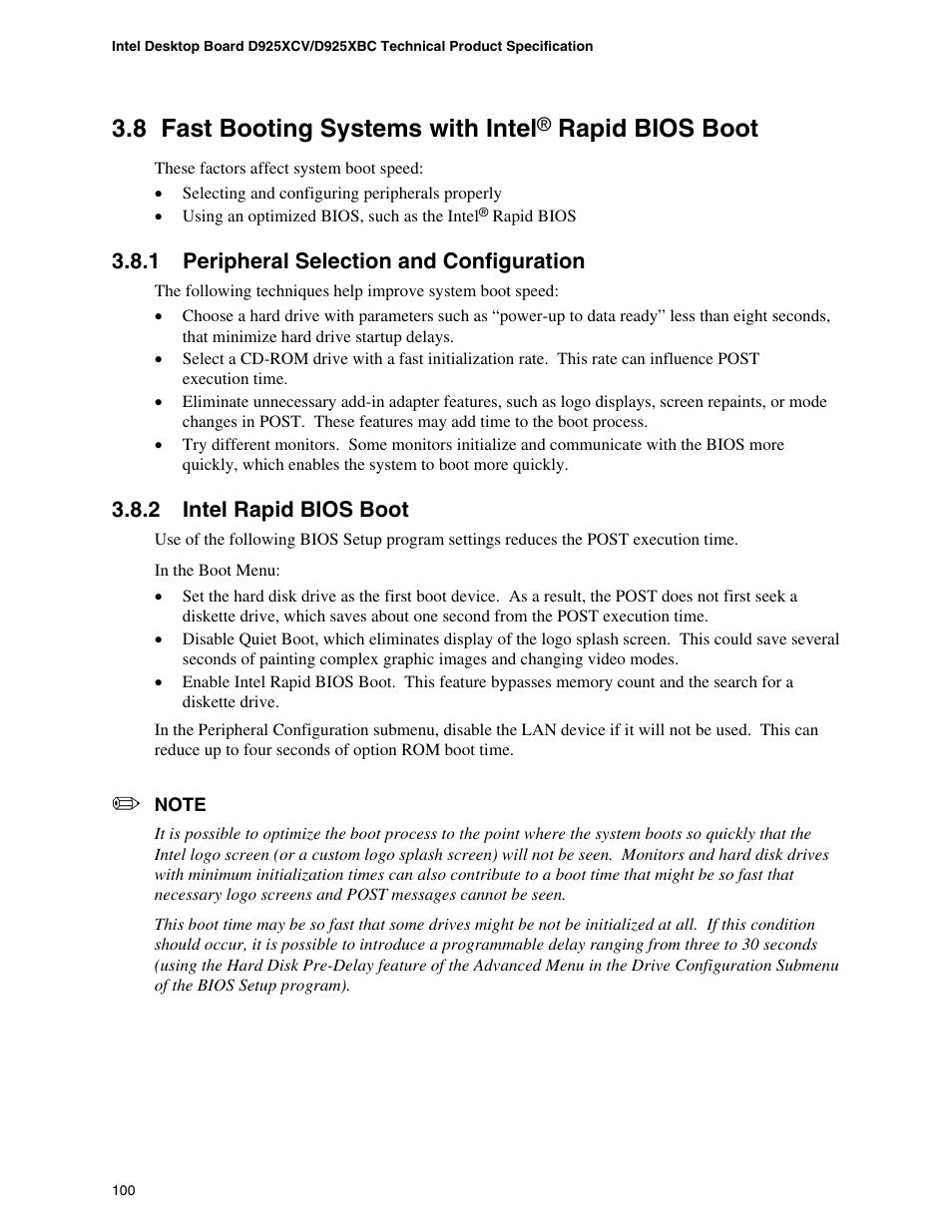 1 peripheral selection and configuration, 2 intel rapid bios boot, 8 fast booting systems with intel | Rapid bios boot | Intel DESKTOP BOARD D925XCV User Manual | Page 100 / 112