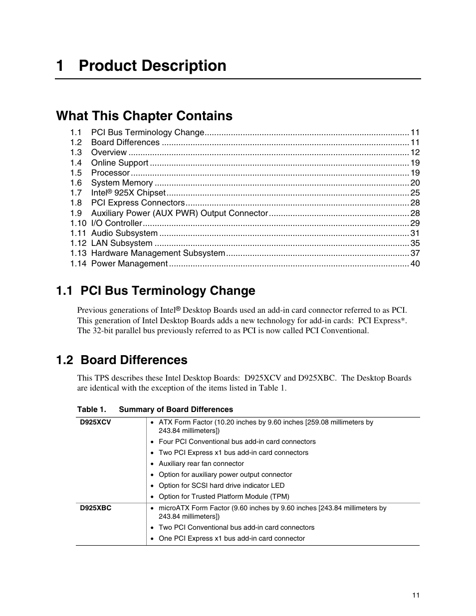 1 product description, 1 pci bus terminology change, 2 board differences | What this chapter contains | Intel DESKTOP BOARD D925XCV User Manual | Page 11 / 112