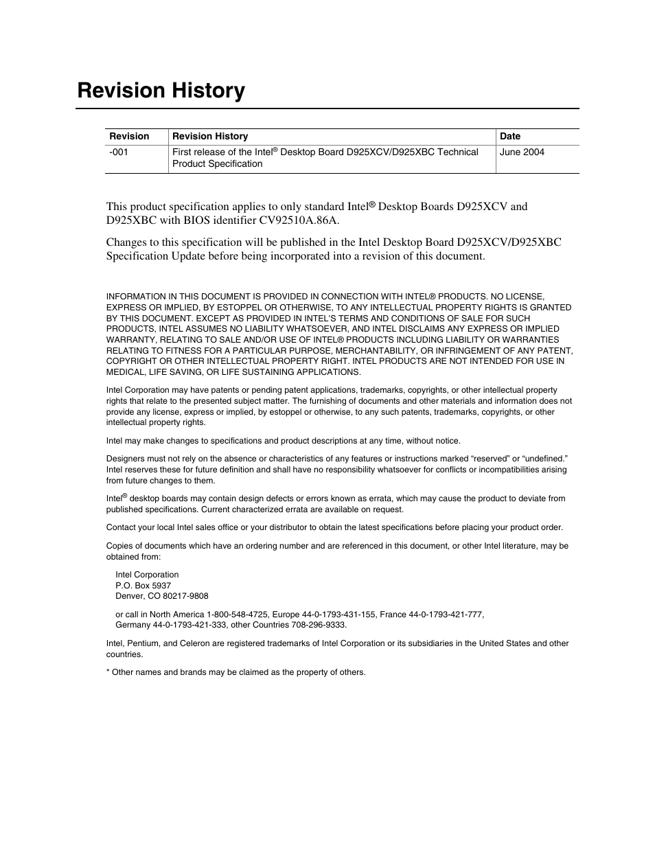 Revision history / disclaimer, Revision history | Intel DESKTOP BOARD D925XCV User Manual | Page 2 / 112