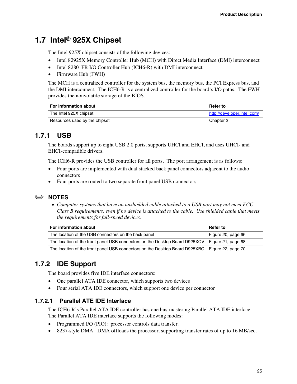 7 intel® 925x chipset, 1 usb, 2 ide support | 7 intel, 925x chipset | Intel DESKTOP BOARD D925XCV User Manual | Page 25 / 112