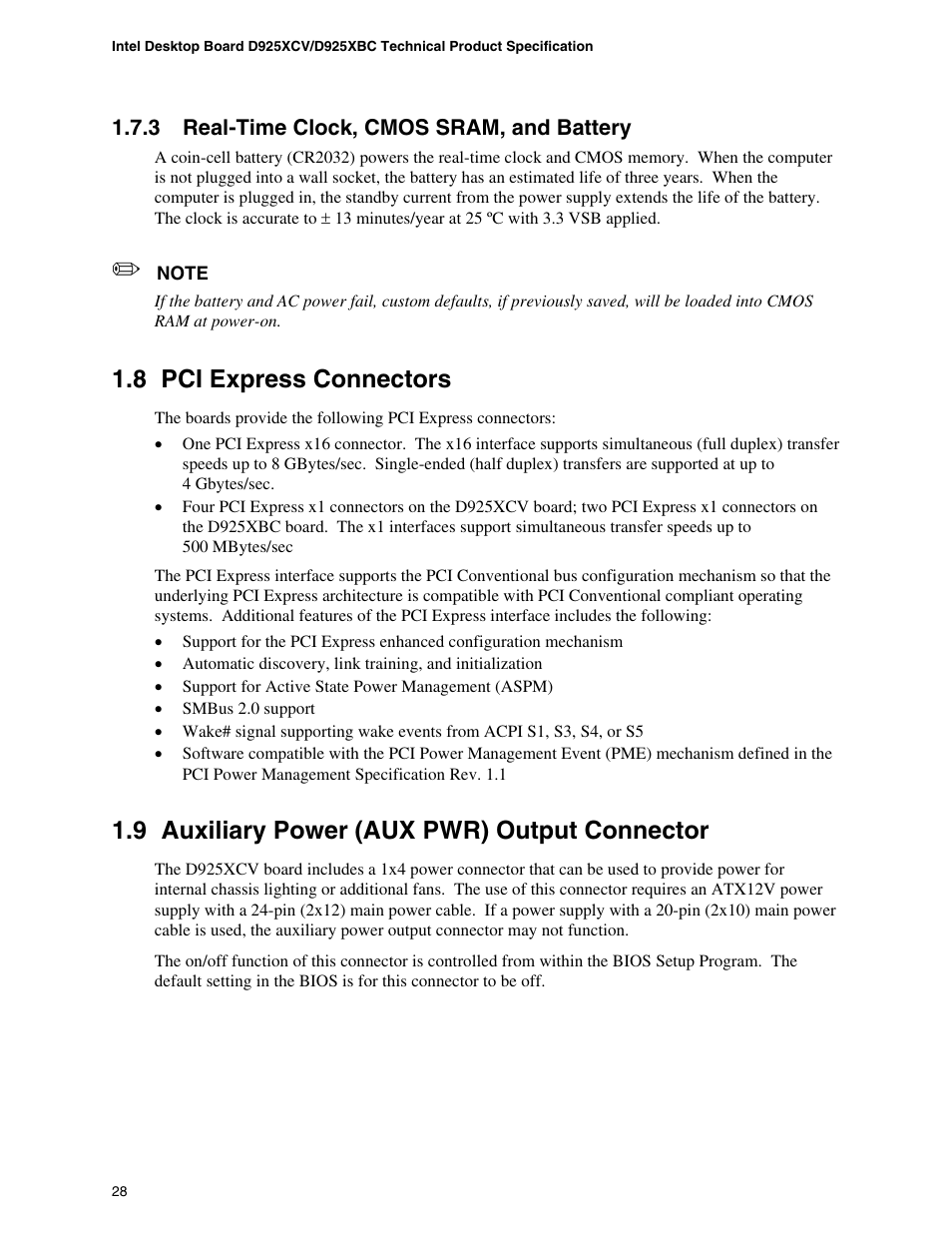 3 real-time clock, cmos sram, and battery, 8 pci express connectors, 9 auxiliary power (aux pwr) output connector | Intel DESKTOP BOARD D925XCV User Manual | Page 28 / 112