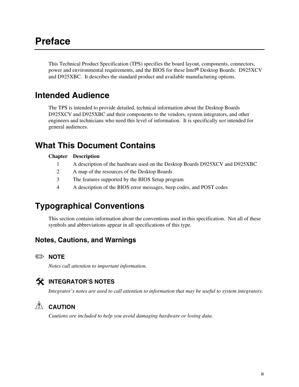 Preface, Intended audience, What this document contains | Typographical conventions | Intel DESKTOP BOARD D925XCV User Manual | Page 3 / 112