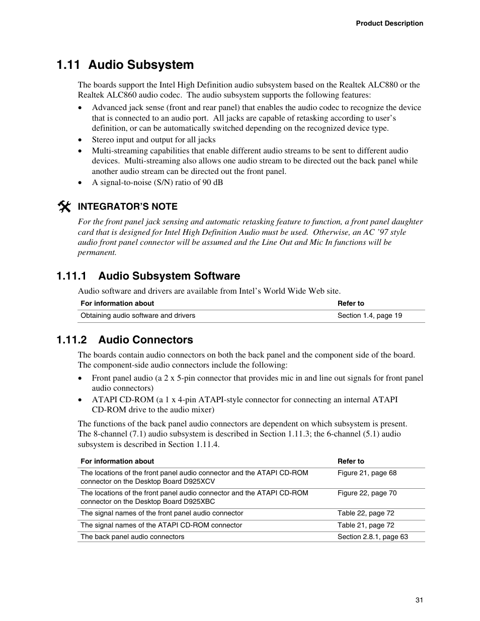 11 audio subsystem, 1 audio subsystem software, 2 audio connectors | Intel DESKTOP BOARD D925XCV User Manual | Page 31 / 112