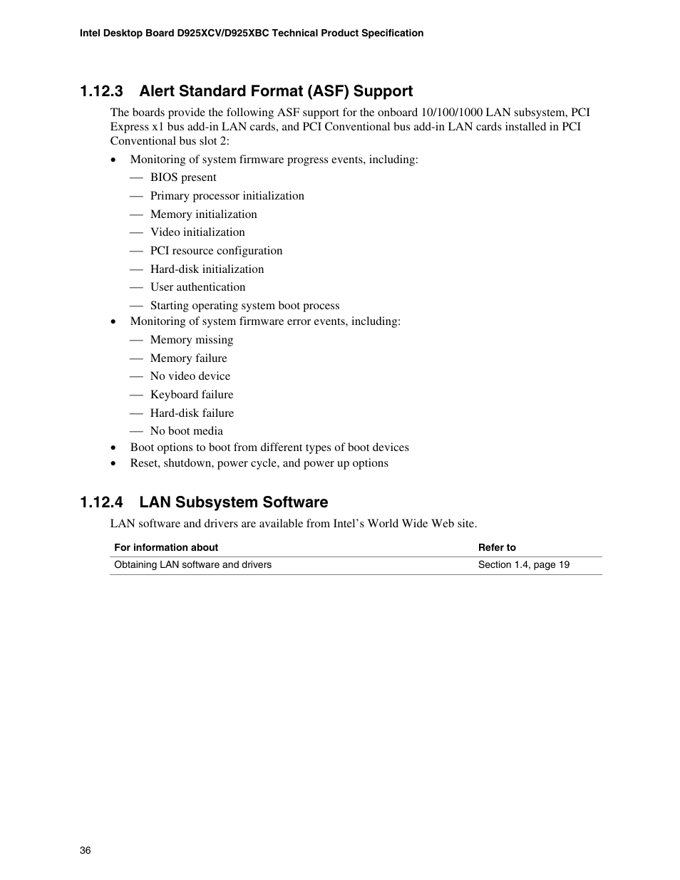 3 alert standard format (asf) support, 4 lan subsystem software | Intel DESKTOP BOARD D925XCV User Manual | Page 36 / 112