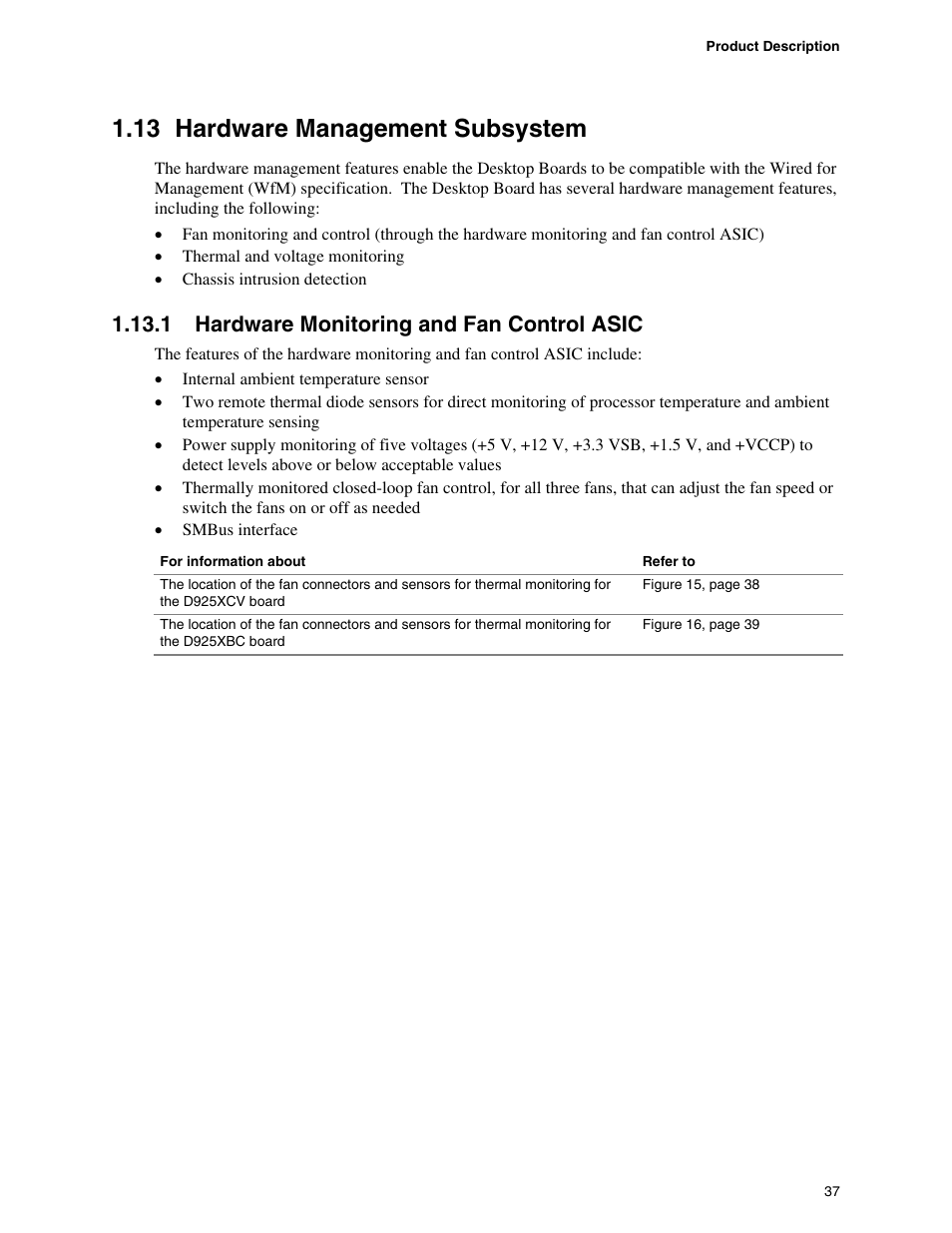 13 hardware management subsystem, 1 hardware monitoring and fan control asic | Intel DESKTOP BOARD D925XCV User Manual | Page 37 / 112