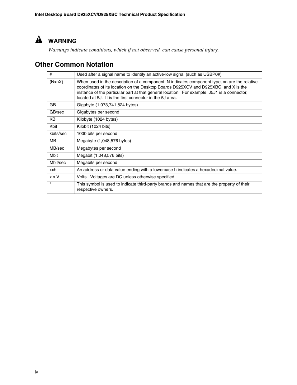 Other common notation, Warning | Intel DESKTOP BOARD D925XCV User Manual | Page 4 / 112