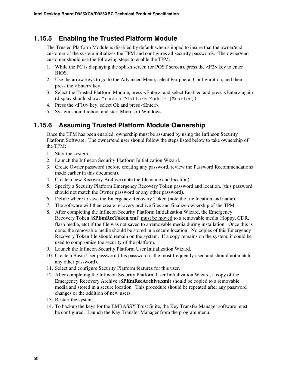 5 enabling the trusted platform module, 6 assuming trusted platform module ownership | Intel DESKTOP BOARD D925XCV User Manual | Page 50 / 112