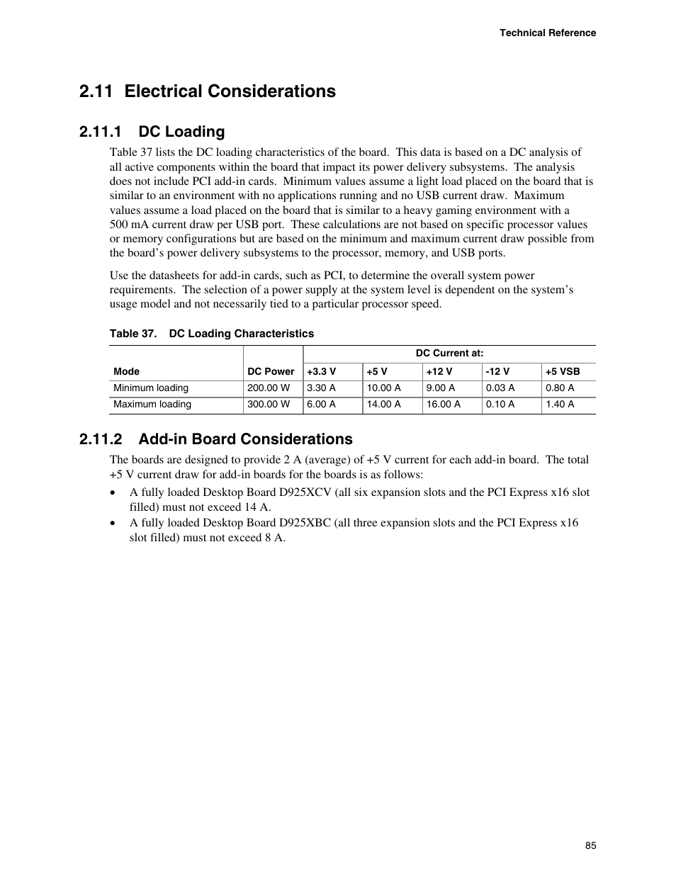 11 electrical considerations, 1 dc loading, 2 add-in board considerations | Intel DESKTOP BOARD D925XCV User Manual | Page 85 / 112