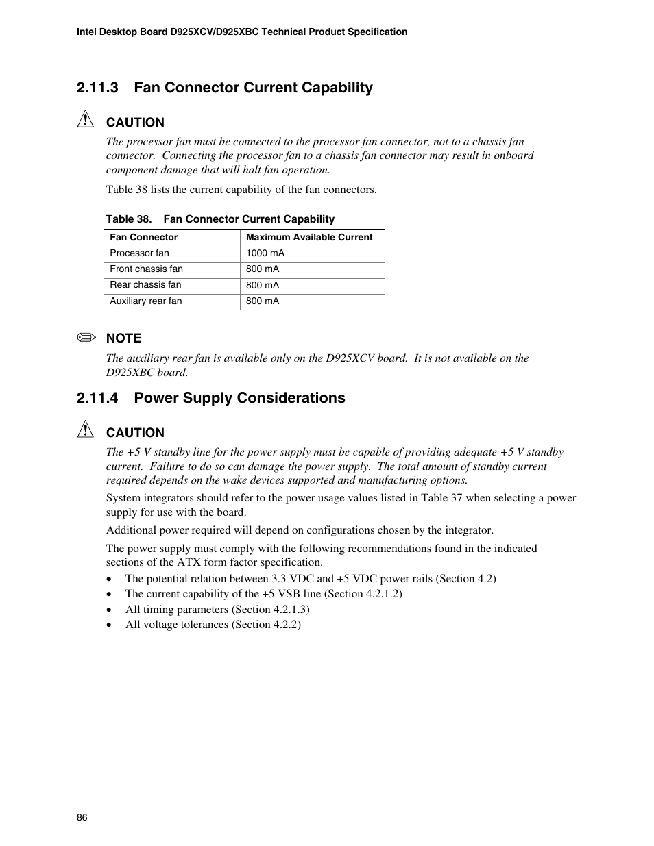 3 fan connector current capability, 4 power supply considerations | Intel DESKTOP BOARD D925XCV User Manual | Page 86 / 112