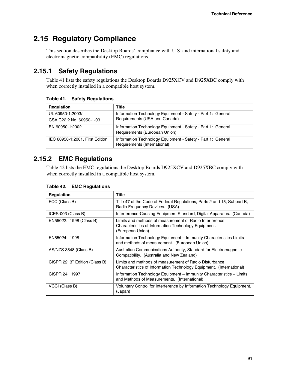 15 regulatory compliance, 1 safety regulations, 2 emc regulations | Intel DESKTOP BOARD D925XCV User Manual | Page 91 / 112