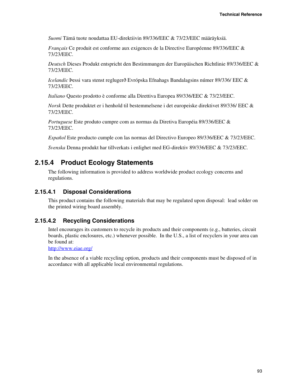 4 product ecology statements | Intel DESKTOP BOARD D925XCV User Manual | Page 93 / 112