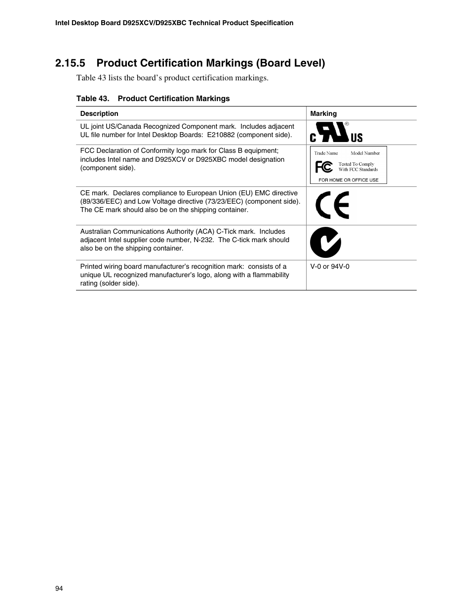 5 product certification markings (board level) | Intel DESKTOP BOARD D925XCV User Manual | Page 94 / 112