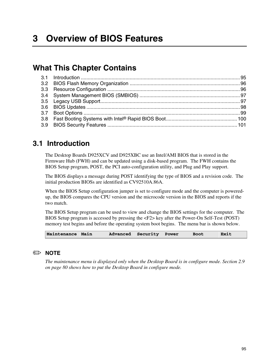 3 overview of bios features, 1 introduction, What this chapter contains | Intel DESKTOP BOARD D925XCV User Manual | Page 95 / 112