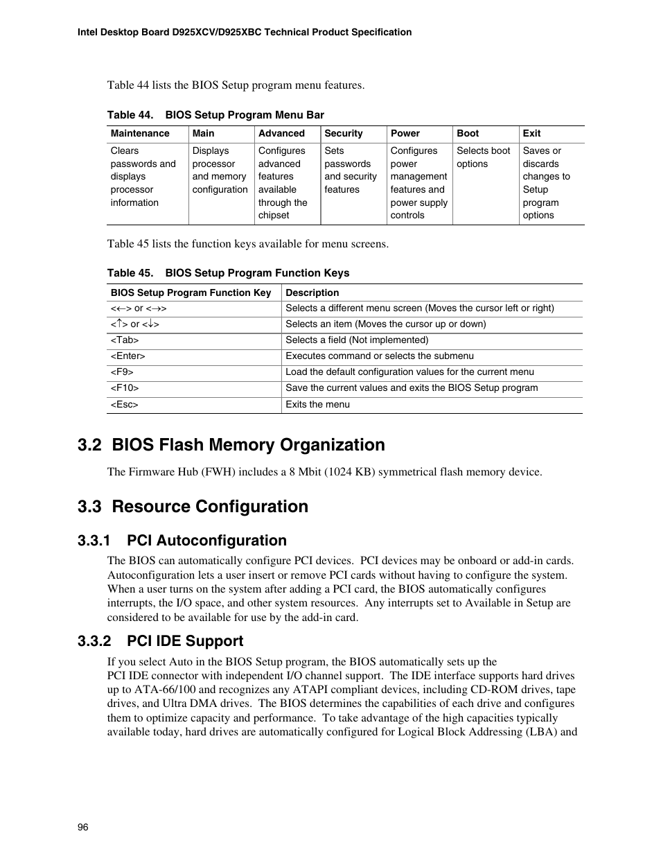 2 bios flash memory organization, 3 resource configuration, 1 pci autoconfiguration | 2 pci ide support | Intel DESKTOP BOARD D925XCV User Manual | Page 96 / 112