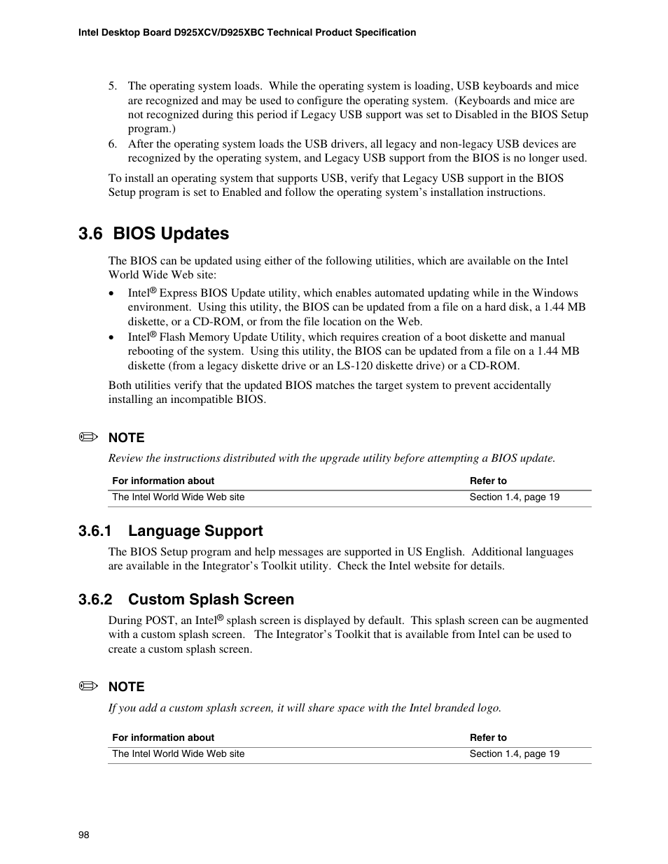 6 bios updates, 1 language support, 2 custom splash screen | Intel DESKTOP BOARD D925XCV User Manual | Page 98 / 112