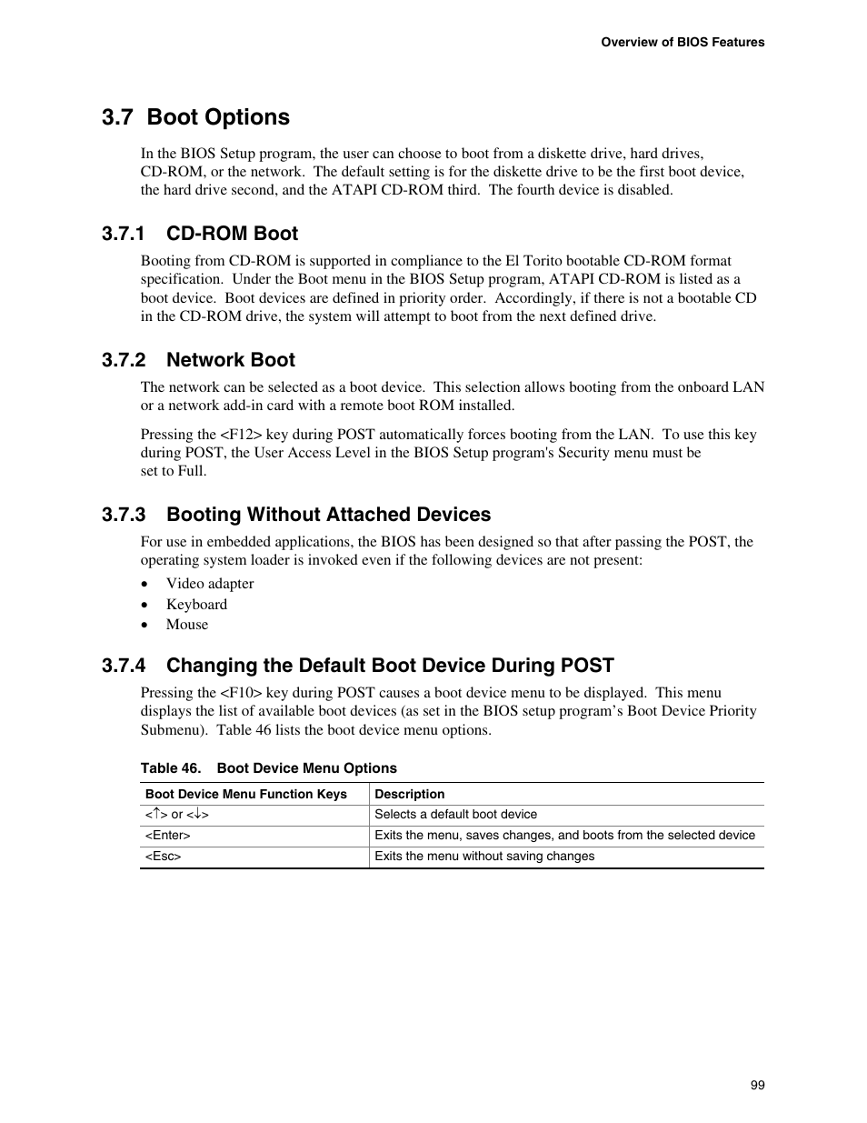 7 boot options, 1 cd-rom boot, 2 network boot | 3 booting without attached devices, 4 changing the default boot device during post | Intel DESKTOP BOARD D925XCV User Manual | Page 99 / 112