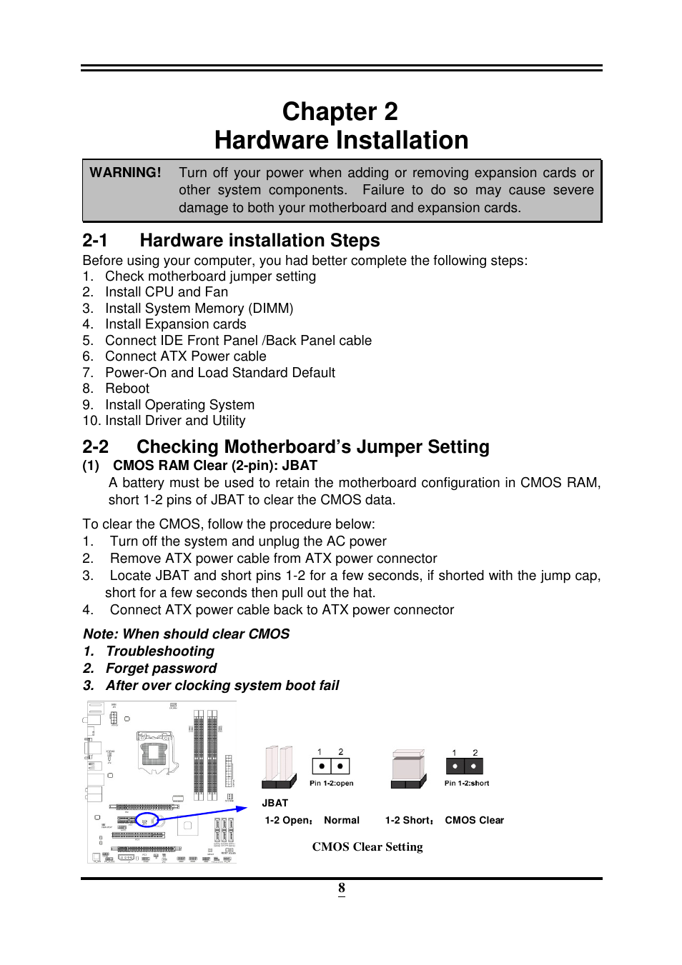 Chapter 2 hardware installation, 1 hardware installation steps, 2 checking motherboard’s jumper setting | Intel 32882 User Manual | Page 13 / 53