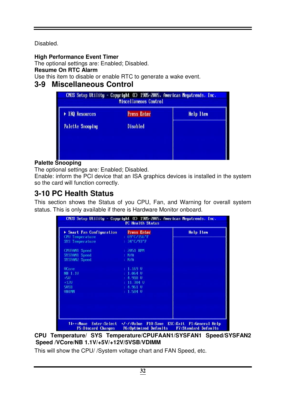 9 miscellaneous control, 10 pc health status | Intel 32882 User Manual | Page 37 / 53