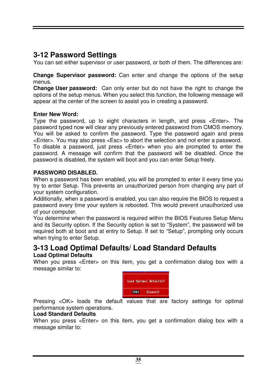 12 password settings, 13 load optimal defaults/ load standard defaults | Intel 32882 User Manual | Page 40 / 53