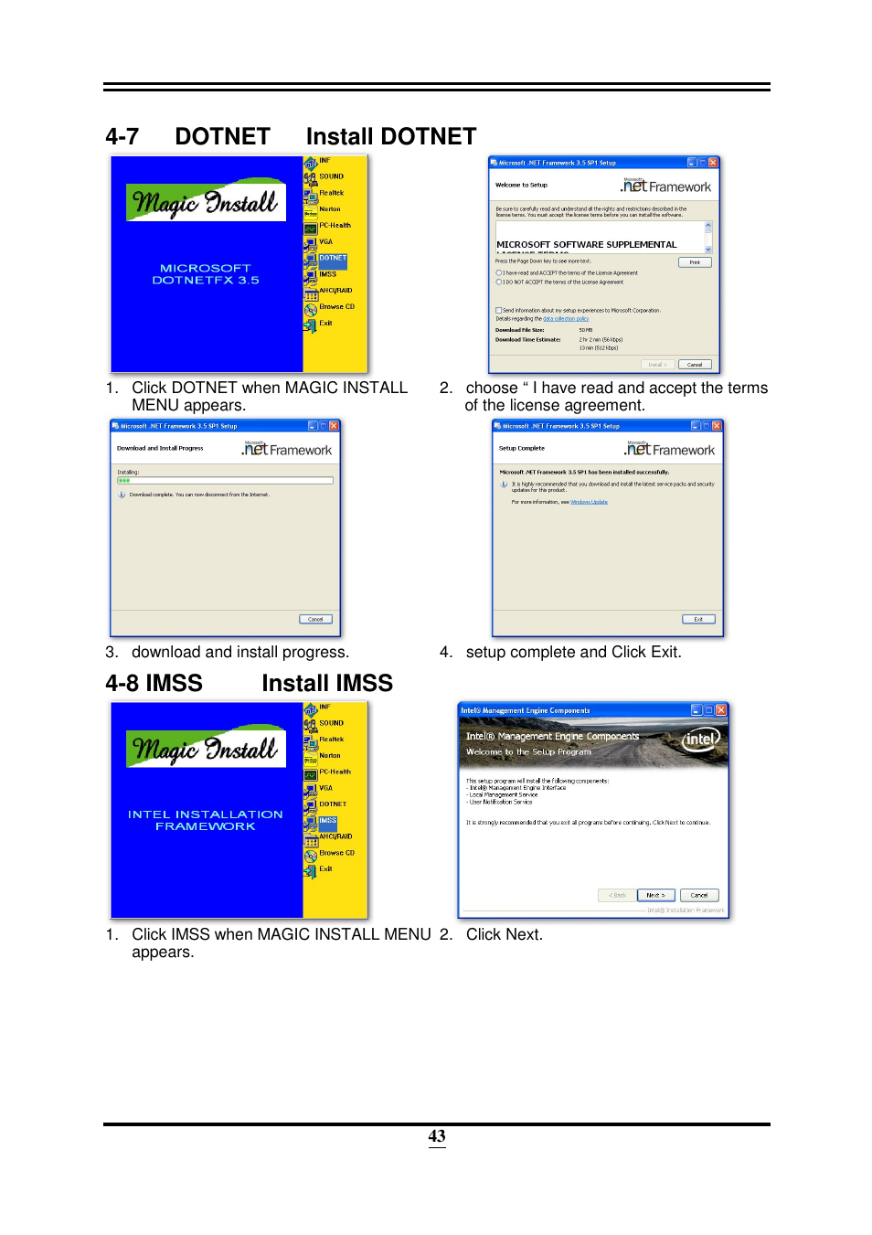 7 dotnet install dotnet, 8 imss install imss | Intel 32882 User Manual | Page 48 / 53