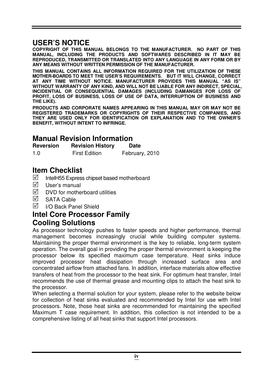 User’s notice, Manual revision information, Item checklist | Intel core processor family cooling solutions | Intel 32882 User Manual | Page 5 / 53