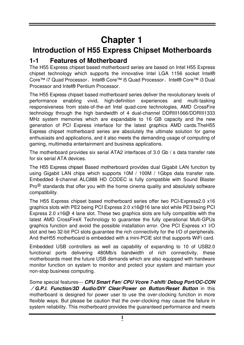 Chapter 1, Introduction of h55 express chipset motherboards, 1 features of motherboard | Intel 32882 User Manual | Page 6 / 53