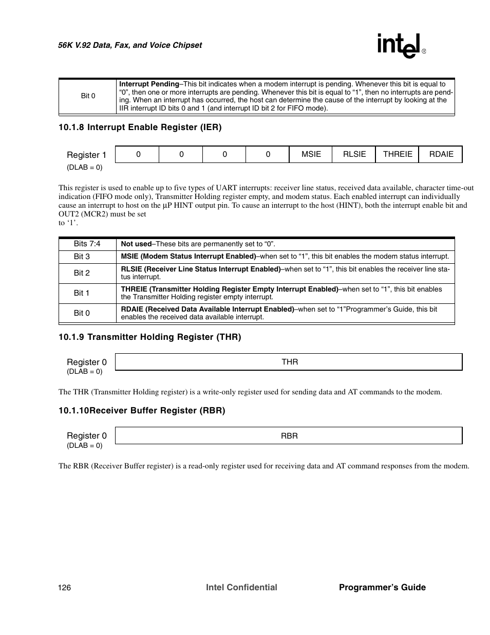 8 interrupt enable register (ier), 9 transmitter holding register (thr), 10 receiver buffer register (rbr) | Intel MD566X User Manual | Page 126 / 130