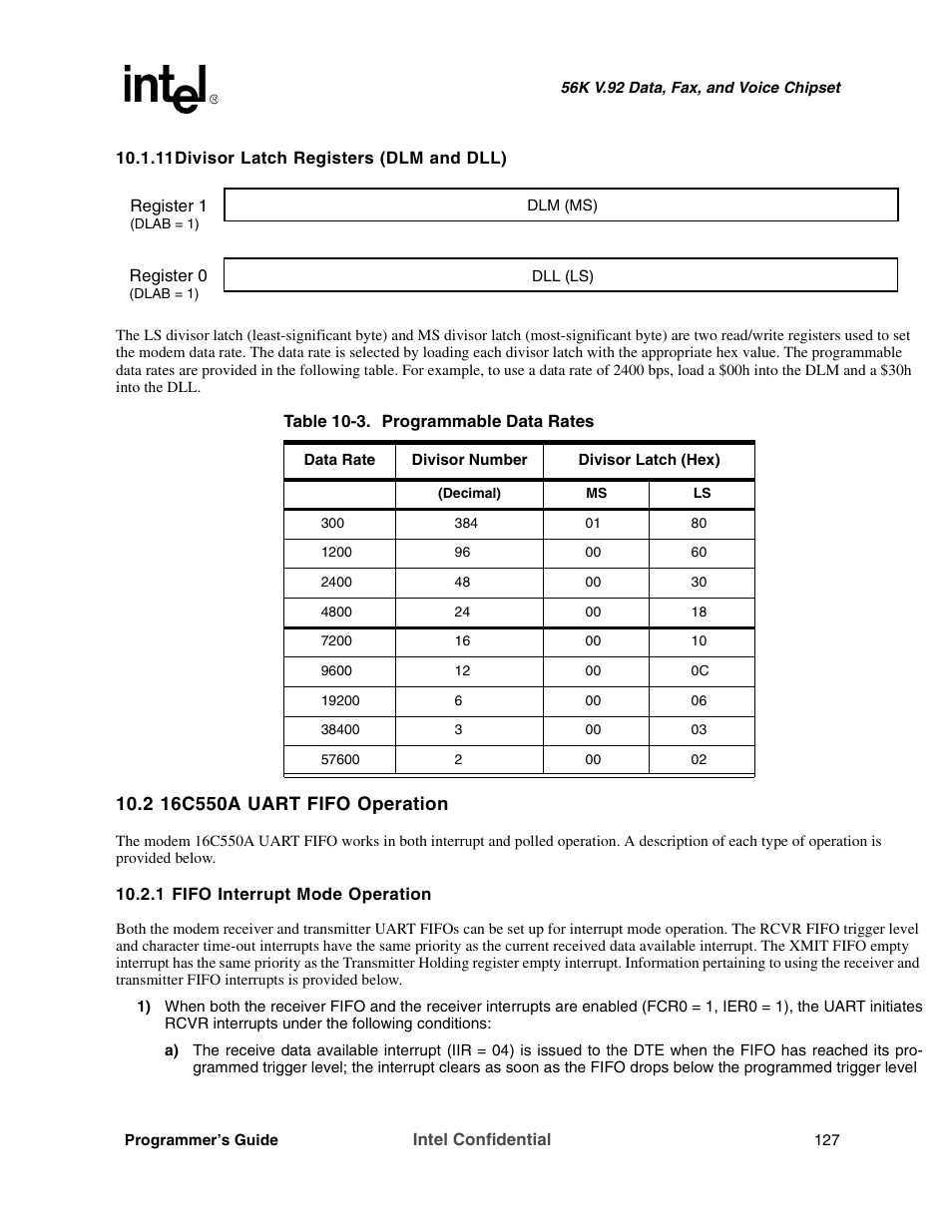 11 divisor latch registers (dlm and dll), 2 16c550a uart fifo operation, 1 fifo interrupt mode operation | Intel MD566X User Manual | Page 127 / 130