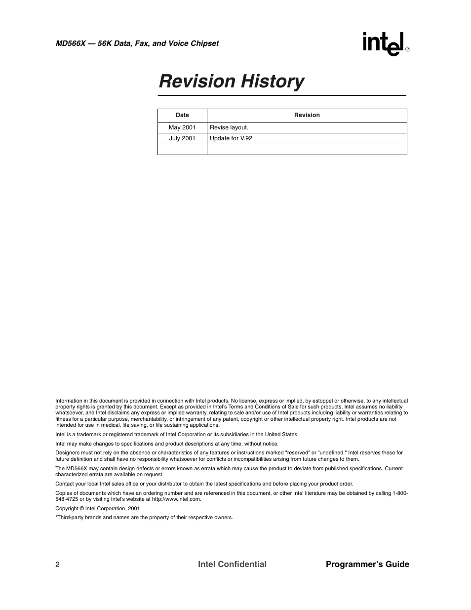 Revision history, Intel confidential programmer’s guide | Intel MD566X User Manual | Page 2 / 130