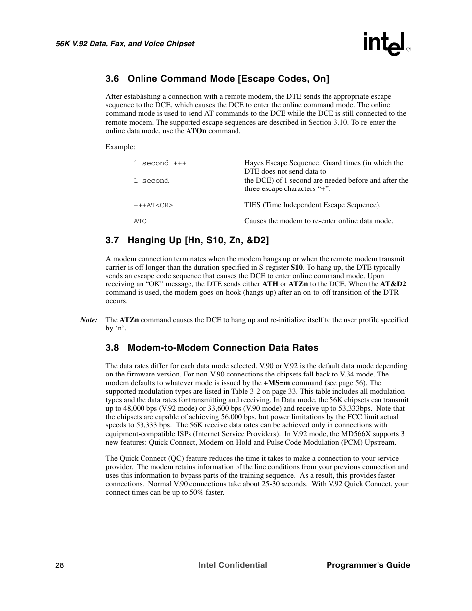 6 online command mode [escape codes, on, 7 hanging up [hn, s10, zn, &d2, 8 modem-to-modem connection data rates | Intel MD566X User Manual | Page 28 / 130