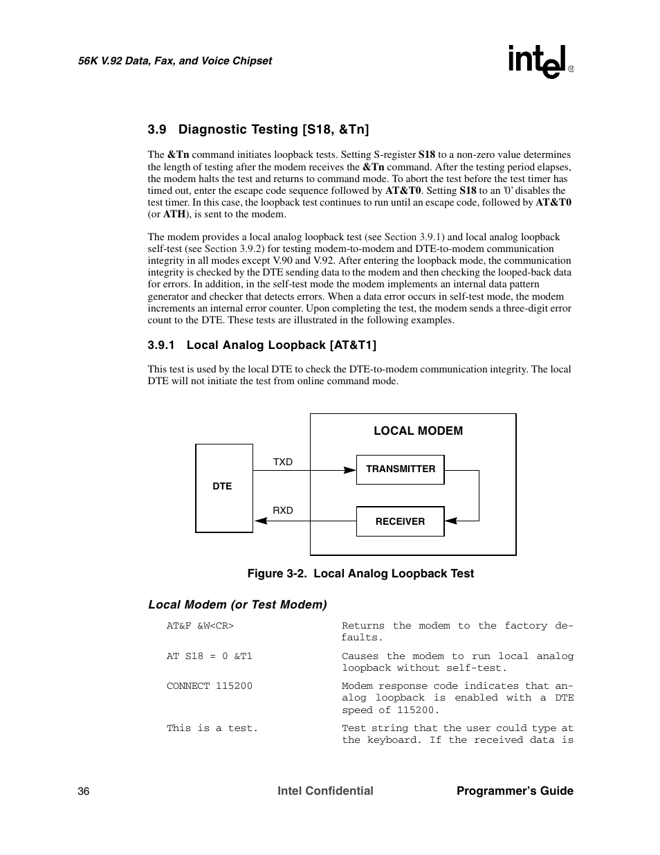 9 diagnostic testing [s18, &tn, 1 local analog loopback [at&t1 | Intel MD566X User Manual | Page 36 / 130